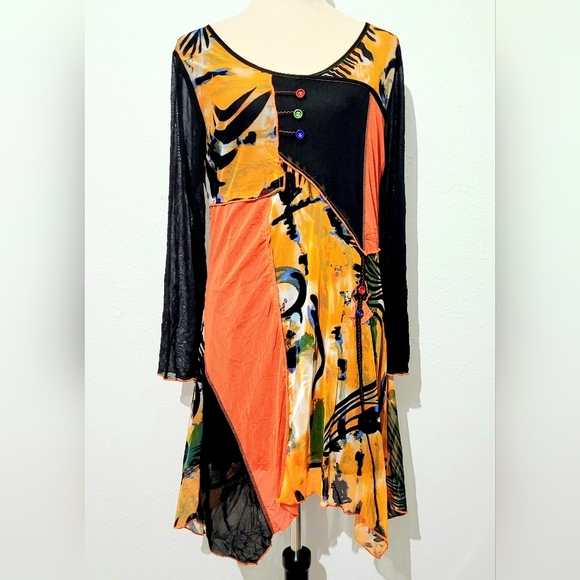 Pretty Angel Silk Tunic Dress Women Sz M Orange/black Boho Hippie Goth Gorgeous - Picture 1 of 12